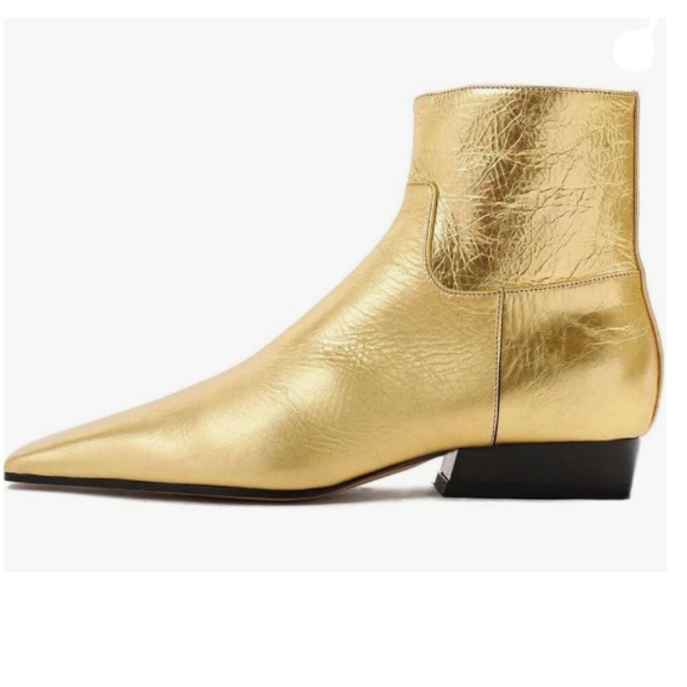 Gold Leather Pointed Toe Ankle Boot - Women